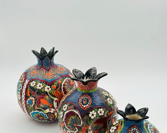 Juego de jarrones de cerámica hechos a mano con forma de granada, decoración floral turca