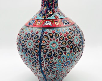 Handgefertigte türkische Keramikvase, große dekorative Vase, handgefertigtes Keramikgefäß mit Deckel, Herzstückvase, Tischplattendekor, Wohnkultur