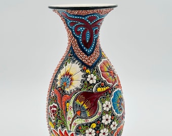 Jarrón de cerámica turca hecho a mano, decoración floral en relieve, tarro de cerámica con tapa.