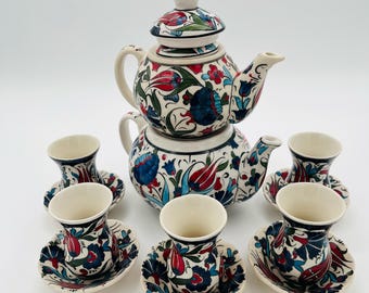 Handgemachte türkische Keramik Tee-Set -Set mit 2 Teekannen mit Deckel-Türkisches Tee-Set 5 Teetassen, 5 Untertassen, Teeset & Teegeschirr, Geschenk für Teeliebhaber