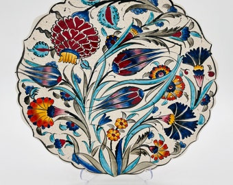 Plato de pared de cerámica turca hecho a mano, decoración floral estilo boho (11,8'')