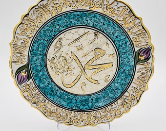 Placa de pared de cerámica de 11,8 pulgadas, oro de 12 quilates, hecha a mano, arte de pared bohemio turco, decoración decorativa para el hogar, cocina, oficina, pared y escritorio, regalo