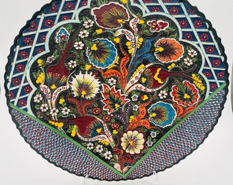 Plato de pared de cerámica turca hecho a mano, diseño floral bohemio, 40 cm (15,7 pulgadas)