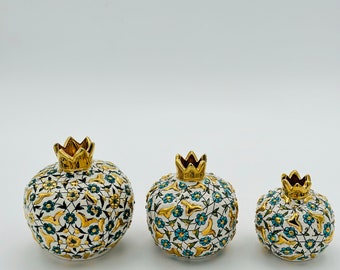 Juego de jarrones de cerámica con forma de granada, hechos a mano con oro de 12 quilates, decoración turca para el hogar.