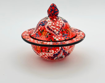 Dulcera de cerámica turca hecha a mano con tapa, joyero pintado.