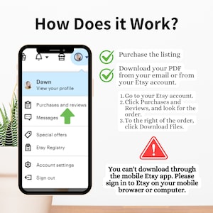 Op de afbeelding: Een screenshot van de Etsy-app die laat zien hoe je een digitale aankoop kunt downloaden. Het scherm toont een menu met opties zoals "Aankopen en beoordelingen", "Berichten", "Speciale aanbiedingen" en "Etsy-register". De tekst op het scherm zegt "Download uw PDF van uw e-mail of van uw Etsy-account." De tekst zegt ook "U kunt niet downloaden via de mobiele Etsy-app. Meld u aan bij Etsy op uw mobiele browser of computer."