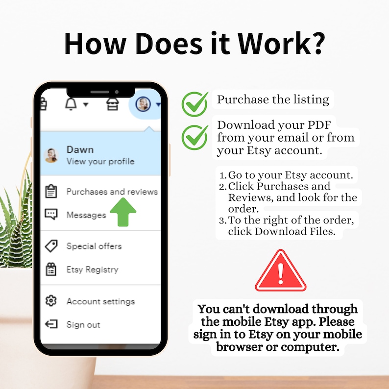 Op de afbeelding: Een screenshot van de Etsy-app die laat zien hoe je een digitale aankoop kunt downloaden. Het scherm toont een menu met opties zoals "Aankopen en beoordelingen", "Berichten", "Speciale aanbiedingen" en "Etsy-register". De tekst op het scherm zegt "Download uw PDF van uw e-mail of van uw Etsy-account." De tekst zegt ook "U kunt niet downloaden via de mobiele Etsy-app. Meld u aan bij Etsy op uw mobiele browser of computer."