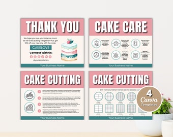 Cake Care Card Bundle, Cake Care Instructions Card, Cake Cutting Guide, Editable Thank You Card, Cake Box Printable Cake Care Canva Template