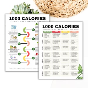May include: A printable 1000 calorie diet plan with essential tips and a 7-day extreme diet plan. The diet plan includes breakfast, lunch, snacks, and dinner options for each day of the week.