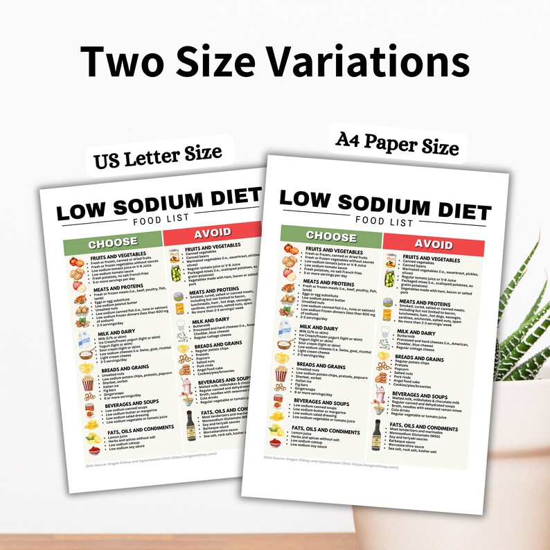 May include: A printable low sodium diet food list with two columns labeled "Choose" and "Avoid". The list includes categories for fruits and vegetables, meats and proteins, milk and dairy, breads and grains, beverages and soups, and fats, oils, and condiments. The list is available in two sizes: US Letter and A4.