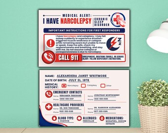 Narcolepsy Medical Alert Card Printable, Editable Canva ID Wallet Card, Cataplexy Awareness Emergency Card Template, Print and Cut PDF