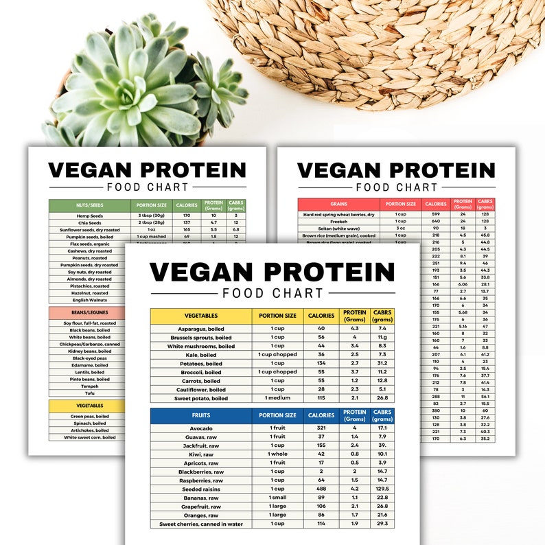 May include: A printable vegan protein food chart with three columns listing different food items, their portion sizes, calories, protein in grams, and carbohydrates in grams. The chart is divided into three sections: Nuts/Seeds, Beans/Legumes, Vegetables, Fruits, and Grains.