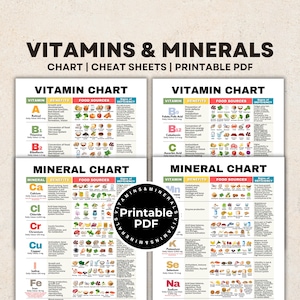 Vitamin- und Mineralstofftabelle Spickzettel und visuelle Anleitung für alle 14 Vitamine, 14 Mineralien, essentielle Mikronährstoffe, Dietitian's Printable