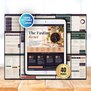 May include: A digital workbook titled The Fasting Reset for women 35+ displayed on a tablet screen, surrounded by multiple page layouts. The cover features a clock, a salad, and text detailing a 28-day protocol. A blue 100% Editable in Canva badge and a gold 40 Pages seal are visible.