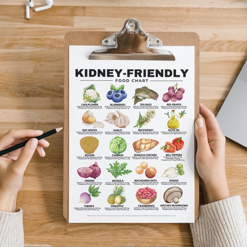 Kidney-Friendly Food Chart, Renal Diet, Kidney Disease Food List, Kidney Disease Diet, Low in Potassium Phosphorus Sodium Protein Printable

kidney disease diet
kidney foods
stage 4 kidney disease food list
stage 3 kidney disease food list