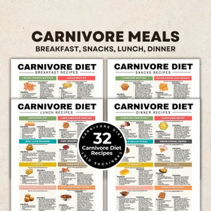 May include: A printable guide with 32 Carnivore Diet recipes for breakfast, snacks, lunch, and dinner. The recipes include dishes like Creamy Shrimp and Eggs, Organ Meat Pie, Shepherd's Pie, Beef Liver Burgers, Parmesan Pork Roast, Cloud Cake Recipe, and Chili Stew.