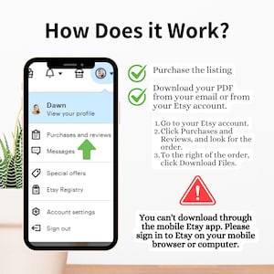 K&ouml;nnte beinhalten: Ein Screenshot der Etsy-App, der zeigt, wie man einen digitalen Kauf herunterl&auml;dt. Der Bildschirm zeigt ein Men&uuml; mit Optionen wie "K&auml;ufe und Bewertungen", "Nachrichten", "Sonderangebote" und "Etsy-Register". Der Text auf dem Bildschirm lautet "Laden Sie Ihre PDF-Datei von Ihrer E-Mail oder von Ihrem Etsy-Konto herunter." Der Text lautet auch "Sie k&ouml;nnen nicht &uuml;ber die mobile Etsy-App herunterladen. Bitte melden Sie sich bei Etsy auf Ihrem mobilen Browser oder Computer an."
