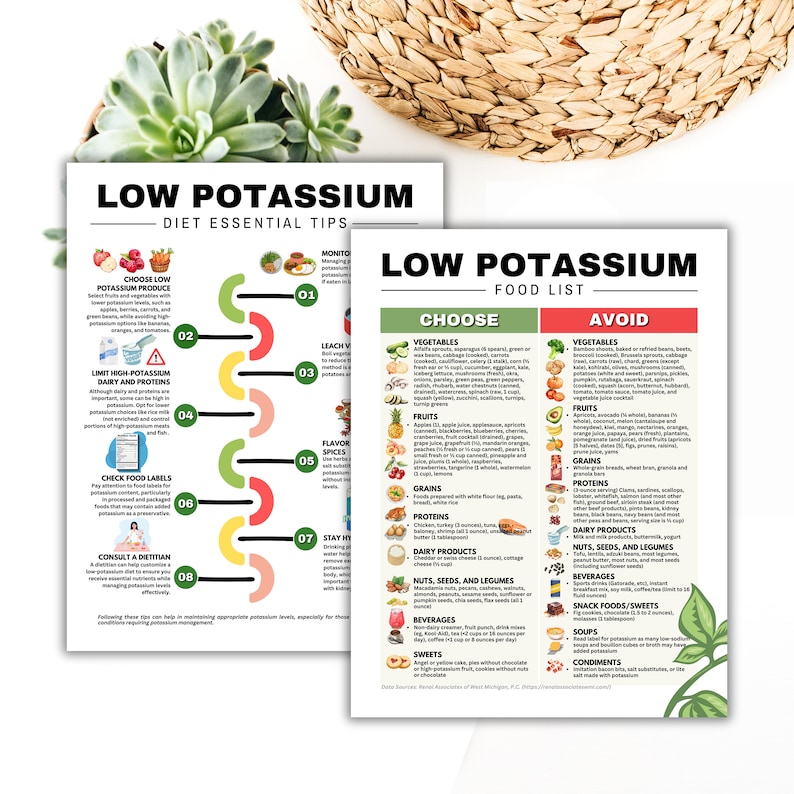 May include: Two informational posters with the text "LOW POTASSIUM" and diet tips. One poster lists "Choose" and "Avoid" food categories, including vegetables, fruits, grains, and proteins. The other poster provides essential diet tips.