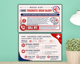 Traumatic Brain Injury Medical Alert Card Printable, Traumatic Brain Injury Awareness Emergency Card Template, Editable Canva ID Wallet Card