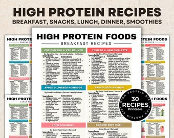 High Protein Recipes, High Protein Snacks, Breakfast, Lunch, Dinner, Smoothies, High Protein Food List for High Protein Meal Plan Printable