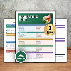 Könnte beinhalten: Ein dreiseitiger bariatrischer Ernährungsratgeber auf weißem Papier. Das Dokument hat eine grüne Kopfzeile mit dem Text BARIATRIC DIET, ein goldenes 3 PAGES-Siegel und ein INSTANT DOWNLOAD-Symbol. Es beschreibt fünf Phasen der postoperativen Ernährung.