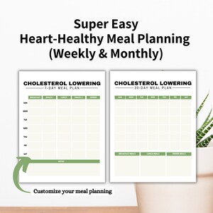 Op de afbeelding: Afdrukbare wekelijkse en maandelijkse maaltijdplanningsjablonen met een groen-wit kleurenschema. De sjablonen zijn getiteld "Cholesterol Lowering 7-Day Meal Plan" en "Cholesterol Lowering 30-Day Meal Plan".