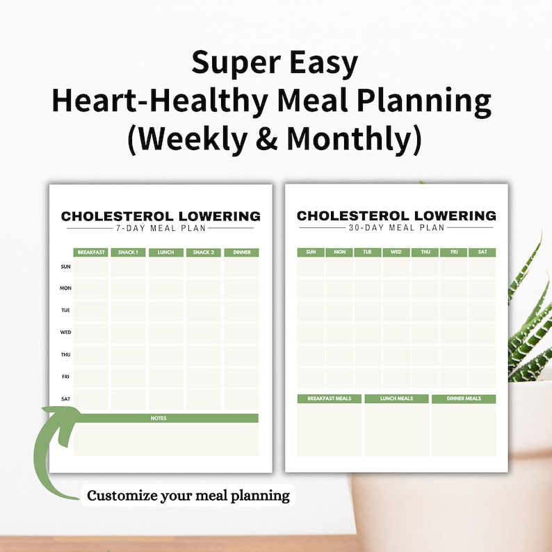 Op de afbeelding: Afdrukbare wekelijkse en maandelijkse maaltijdplanningsjablonen met een groen-wit kleurenschema. De sjablonen zijn getiteld "Cholesterol Lowering 7-Day Meal Plan" en "Cholesterol Lowering 30-Day Meal Plan".