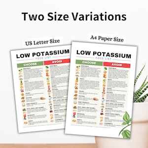May include: Two printed food lists titled "Low Potassium Food List" are displayed, one in US Letter size and the other in A4 paper size. The lists are divided into "Choose" and "Avoid" sections, with categories like vegetables, fruits, grains, and proteins.