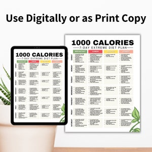 May include: A digital and printable 7-day 1000 calorie extreme diet plan with a daily breakdown of breakfast, lunch, snacks, and dinner. The plan includes a variety of foods such as salmon, chicken, eggs, and fruit.