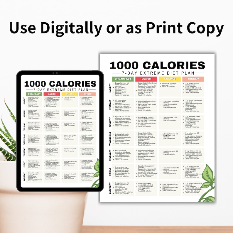 May include: A digital and printable 7-day 1000 calorie extreme diet plan with a daily breakdown of breakfast, lunch, snacks, and dinner. The plan includes a variety of foods such as salmon, chicken, eggs, and fruit.