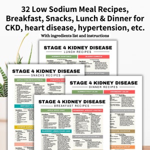 Puede incluir: Una gu&iacute;a imprimible con recetas para la enfermedad renal en etapa 4. La gu&iacute;a incluye recetas para el desayuno, el almuerzo, la cena y los refrigerios. Las recetas son bajas en sodio e incluyen listas de ingredientes e instrucciones.