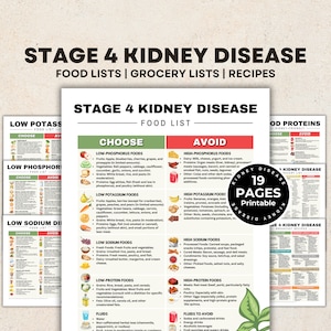 May include: A printable guide for stage 4 kidney disease with food lists, grocery lists, and recipes. The guide is divided into sections for low phosphorus, low potassium, low sodium, and low protein foods. It also includes a section on fluids to avoid. The guide is 19 pages long.