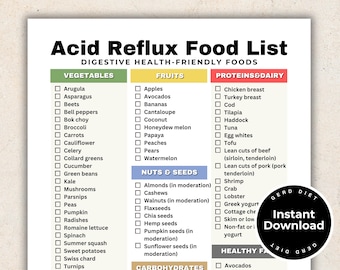 Lista de compras para el reflujo ácido, dieta para la ERGE, lista de alimentos bajos en ácido para la salud intestinal, cáncer de estómago, gastritis, acidez estomacal y planificación de comidas para el reflujo ácido