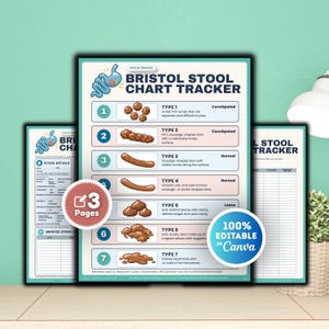 May include: A Bristol Stool Chart Tracker document with three pages, featuring seven numbered types of stool illustrations with descriptions, a health tracker header, and a 100% editable in Canva badge, presented in a clear, organized layout.
