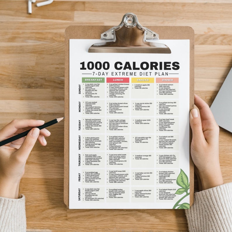 May include: A 7-day 1000 calorie extreme diet plan on a clipboard with a black pencil. The plan includes breakfast, lunch, snacks, and dinner for each day of the week.