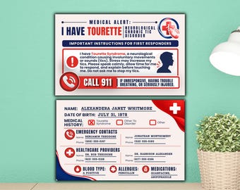 Tourette Syndrome Medical Alert Card Printable, Editable Canva ID Wallet Card, Tourette Awareness Emergency Card Template, Print and Cut PDF