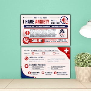 May include: A rectangular medical alert card featuring two sides. The top side displays text stating I HAVE ANXIETY PANIC DISORDER with instructions for first responders. The bottom side includes personal details for Alexandera Janet Whitmore.