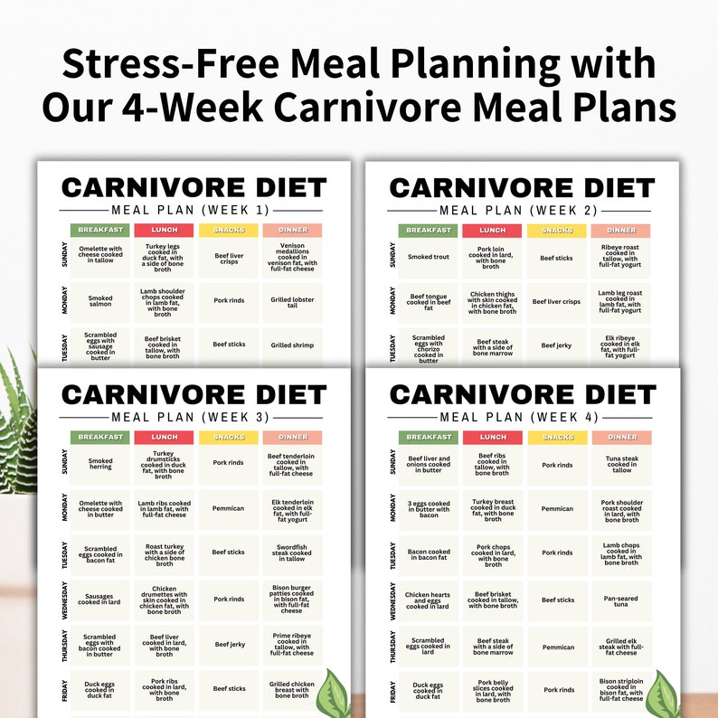 May include: A four-week carnivore diet meal plan with a weekly breakdown of breakfast, lunch, snacks, and dinner options. The meal plan includes a variety of meat and seafood options, such as beef, lamb, chicken, turkey, and fish.