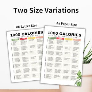 May include: Two printable 1000 calorie diet plans, one in US Letter size and one in A4 paper size. Each plan includes a 7-day meal plan with breakfast, lunch, snacks, and dinner options.