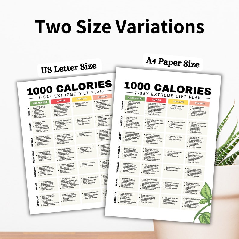 May include: Two printable 1000 calorie diet plans, one in US Letter size and one in A4 paper size. Each plan includes a 7-day meal plan with breakfast, lunch, snacks, and dinner options.