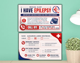 Epilepsy Wallet ID Card Printable, Seizure Alert Canva Template, Medical Emergency ID Card for Focal Generalized Seizures, PDF