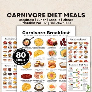 以下が含まれることがあります： 朝食、昼食、夕食、軽食の80種類の食事のアイデアが載った、カーニボアダイエットの印刷可能なガイド。このガイドには、ステーキと卵、ベーコンと卵、骨髄スクランブルなど、さまざまな肉ベースの食事のカラフルなイラストが掲載されています。