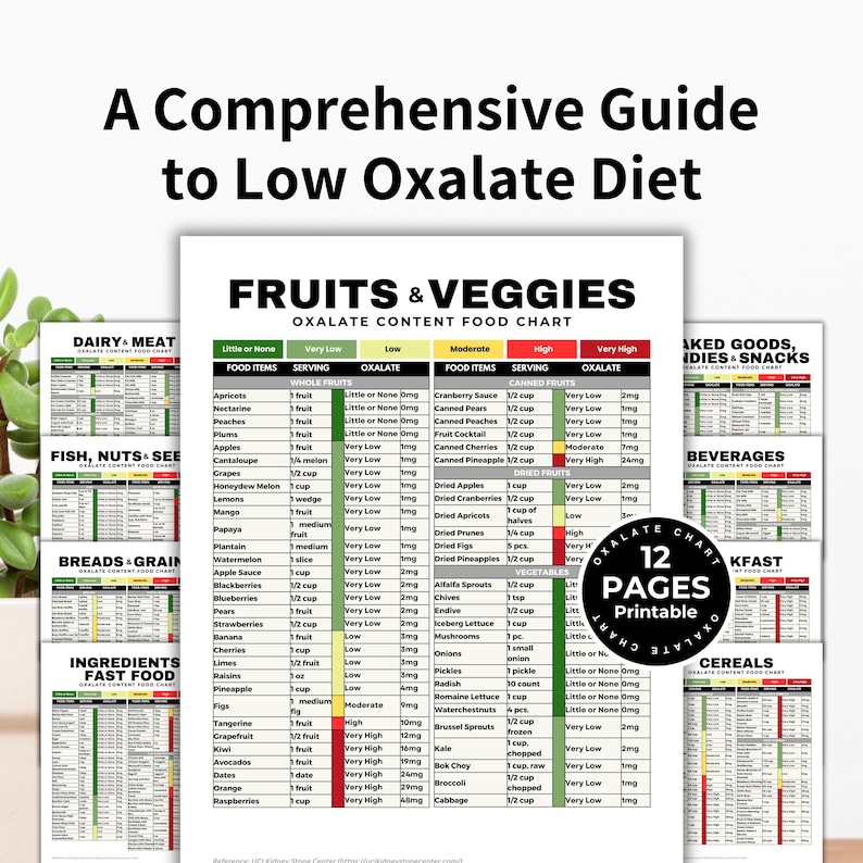 Puede incluir: Un gr&aacute;fico imprimible con una gu&iacute;a completa para una dieta baja en oxalatos. El gr&aacute;fico enumera las frutas y verduras con su contenido de oxalatos, categorizado como muy bajo, bajo, moderado, alto y muy alto. El gr&aacute;fico est&aacute; dividido en secciones para frutas enteras, frutas enlatadas, frutas secas y verduras. El gr&aacute;fico tiene 12 p&aacute;ginas.
