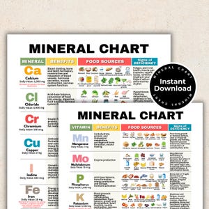 Mineralentabel Cheatsheets Visuele gids voor alle 14 mineralen, tabel minerale voedselbronnen, tekenen van een tekort, voordelen mineralen Afdrukbare pdf