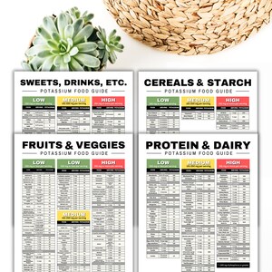 以下が含まれることがあります： 甘いもの、飲み物など、果物と野菜、シリアルとデンプン、タンパク質と乳製品の4つのセクションに分かれた印刷可能なチャート。各セクションには、食品とその1食あたりのカリウム含有量が、低、中、高に分類されてリストされています。