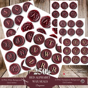 Alfabeto PNG con sellos de cera vintage, sellos de cera con letras rojas, sellos digitales para diarios basura, álbumes de recortes, efímeras, fabricación de tarjetas, manualidades de bricolaje