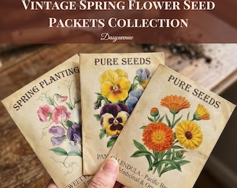 May include: Three vintage spring flower seed packets are held in a hand. The packets display colourful floral illustrations of pansies, calendula, and sweet peas. Text on the packets includes "Pure Seeds", "Spring Planting", and "Calendula". The image also includes the text "Vintage Spring Flower Seed Packets Collection".