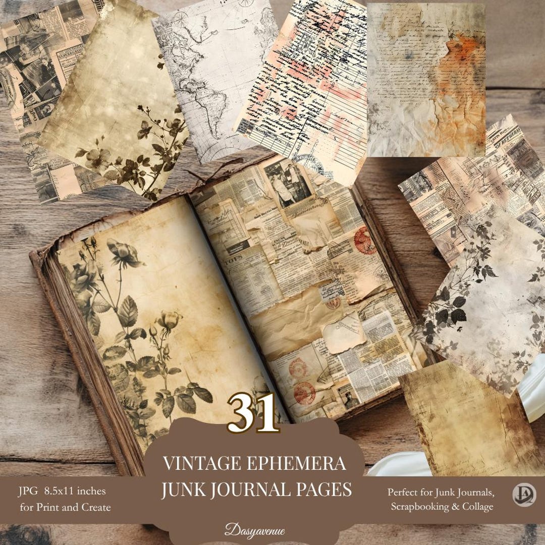Vintage Ephemera Junk Journal Pages, Antique Newspaper, Map, Floral, Grunge Collage Papers ...