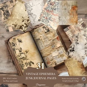 Vintage Ephemera Junk-Journal Seiten, antike Zeitung, Karte, Blumen, Grunge Collage Papiere, bedruckbar 8,5 x 11, Set für Scrapbooking