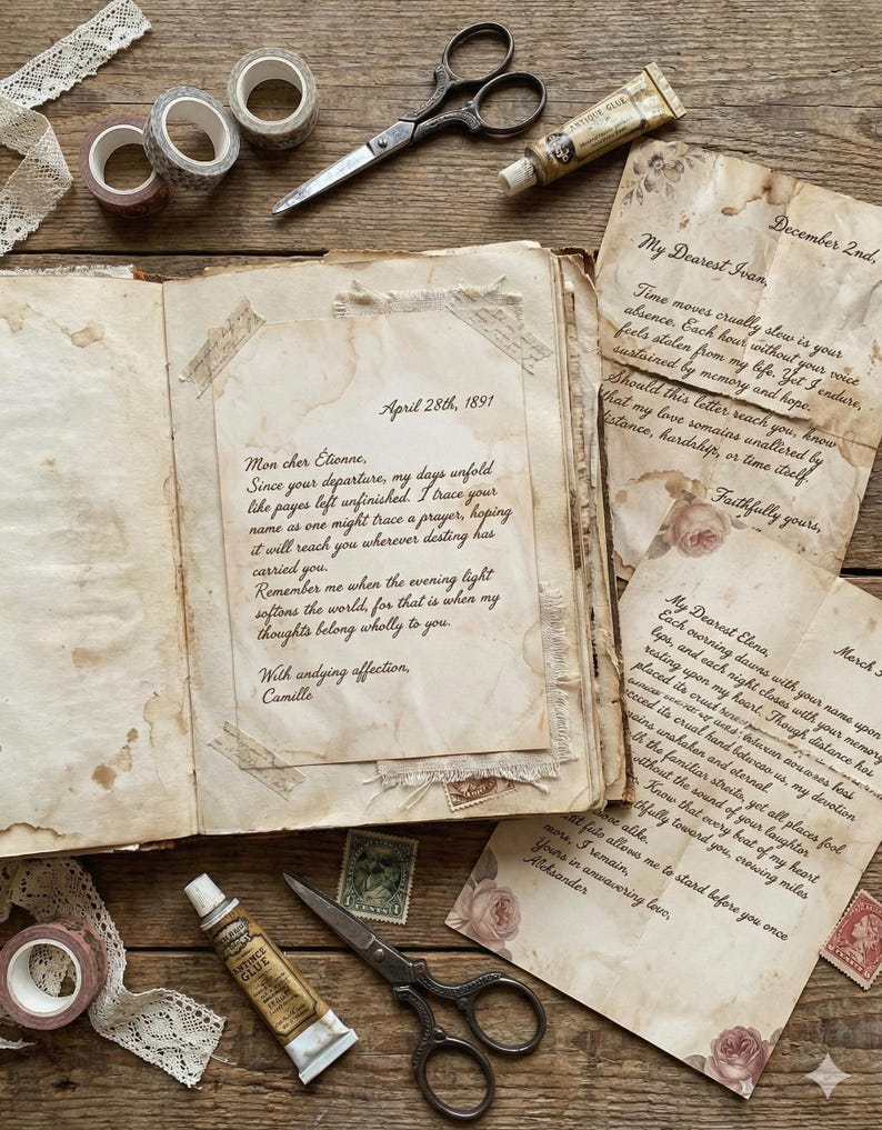 May include: An open vintage book with handwritten letters, decorative tape, scissors, and glue on a wooden surface. The letters have floral accents and postage stamps. The text includes dates and names.